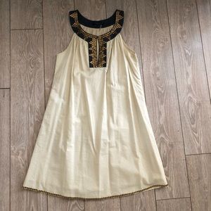 Women’s beige dress-dark blue collar gold beading
